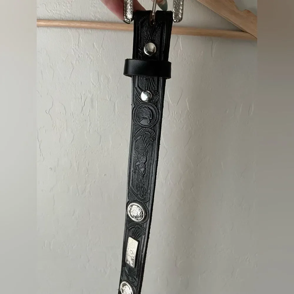 Western Embossed Tooled Leather Metal Detail Handmade Belt Black and Silver